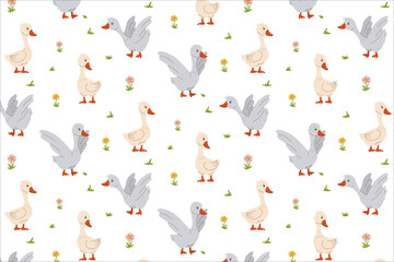 Playful vector illustration featuring a pattern of cute geese interacting with flowers. Ideal for children s designs, seamless backgrounds, or playful decor concepts.