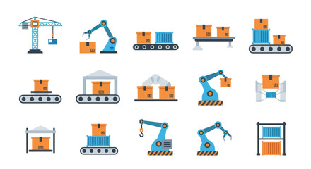 Industrial Automation: Conveyor Belts Robotic Arms and Crane Handling Cardboard Boxes.