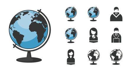 A collection of world globe and people icons for global education community and business concepts.