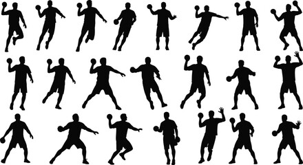 Collection of dynamic handball player silhouettes in various action poses, perfect for sports design projects, athletic illustrations, training concepts, and competitive game graphics.