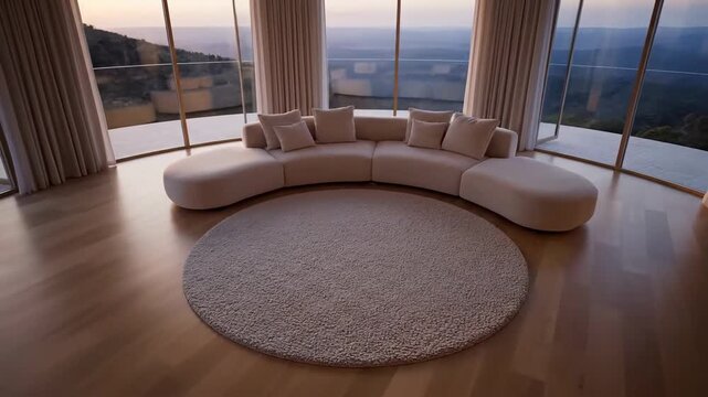 Living room interior with curved sofa, round rug, and panoramic window view.