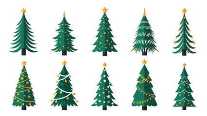 Set of Festive Green Christmas Trees Decorated with Stars and Lights