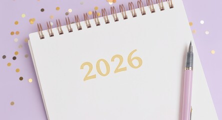 2026 Gold Typography on Notebook with Pink Pen and Confetti on Pastel Purple Background, New Year Planning