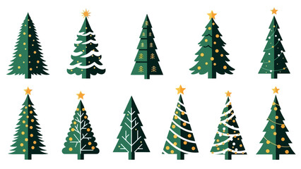 Collection of Festive Green Christmas Trees with Yellow Ornaments and Stars
