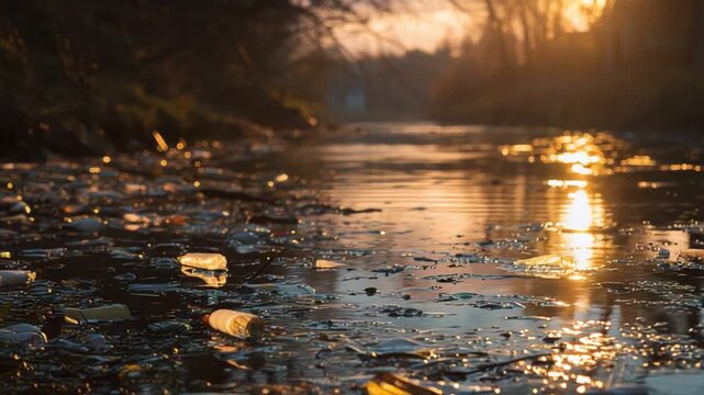 A picturesque river reflecting the sunset, marred by floating plastic waste
