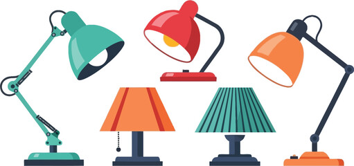 Colorful desk lamps and table lamps collection illustration with bright hues on transparent background