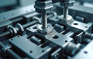 Close-up view of a precision mechanical assembly with threaded rods, metal clamps, and fasteners. High-tech industrial engineering system with accurate alignment components, metallic surfaces