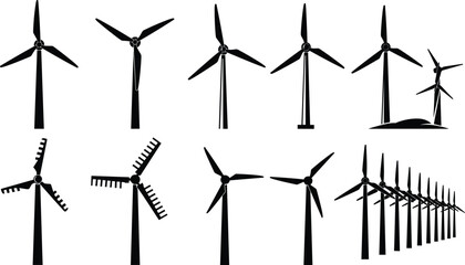 Collection of wind turbine silhouettes showing various blade positions and motion styles, perfect for renewable energy illustrations, environmental graphics, sustainable power concepts, and vector 