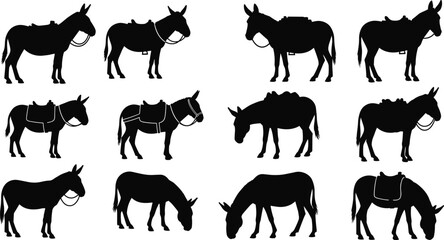 Silhouette donkeys standing and grazing with saddles and harnesses in various poses, illustrating farm animals, transportation, ranch life and livestock vector design
