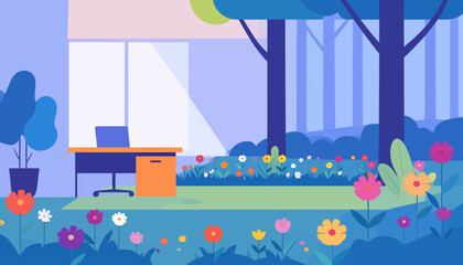 A whimsical vector scene showing a desk by a window facing an enchanting, blue-toned forest filled with flowers