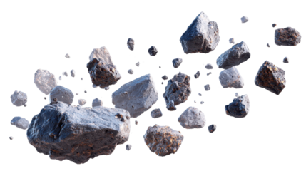 Diverse space rocks and meteorites are floating in zero gravity, forming an alien asteroid field or debris hazard in outer space, rendered on a transparent background