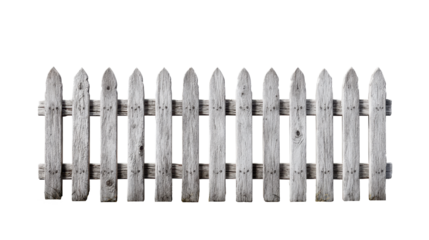 Old weathered wooden picket fence isolated on transparent background, featuring a rustic barrier for garden boundary, property separation, and rural security concepts, png