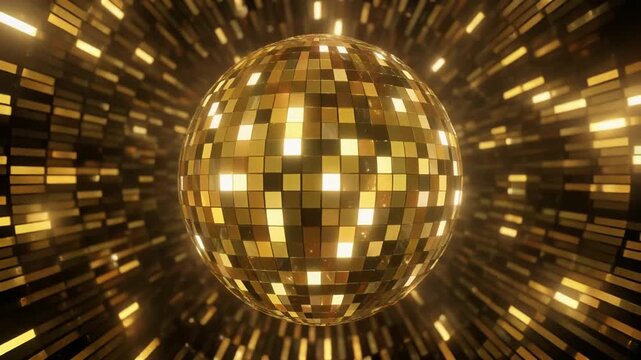 Golden disco ball with a mosaic background of rectangles and shining light