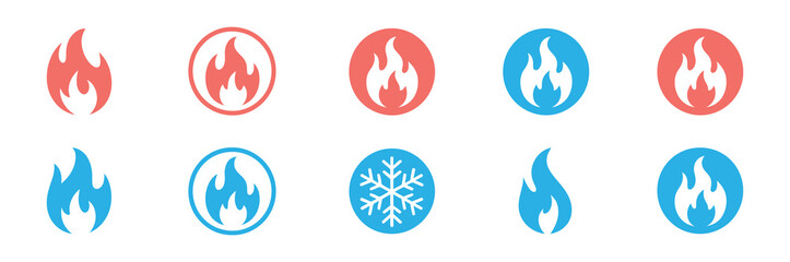 Hot and Cold Temperature Vector Icons Set. Flat Graphic Design with Fire Flame and Ice Snowflake Symbols