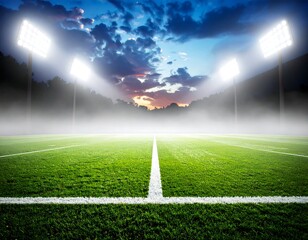 Obraz premium Empty stadium field bathed in bright lights, enveloped in soft mist, twilight sky