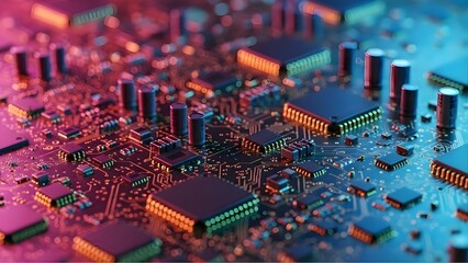 Macro close up of a complex printed circuit board illuminated with vibrant neon pink and blue futuristic lighting