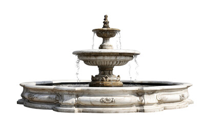 Ornate multi tiered white and brown marble fountain with cascading water and intricate relief carvings, isolated on transparent background conveying classical elegance, png