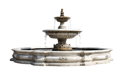 Ornate multi tiered white and brown marble fountain with cascading water and intricate relief carvings, isolated on transparent background conveying classical elegance, png