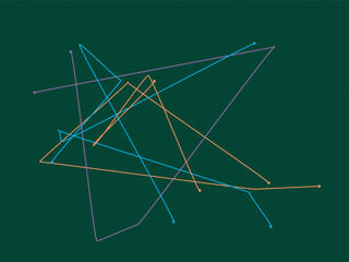 Abstract minimal vector illustration of random intersecting colored geometric lines on dark green background