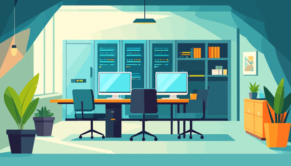 Bright illustration of an office with computers, servers, plants, and shelves in a room with angular sunlight