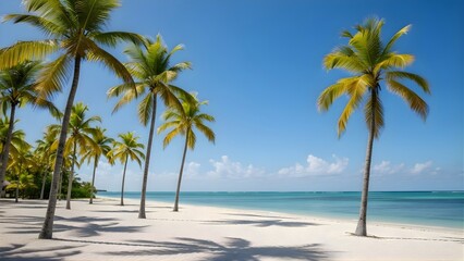 Tall palm trees cast long shadows across pristine white sand beach meeting turquoise tropical ocean water