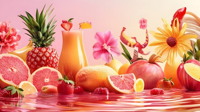 3D render of vibrant fruits and flowers arranged on a pink, rippled surface. - Powered by Adobe