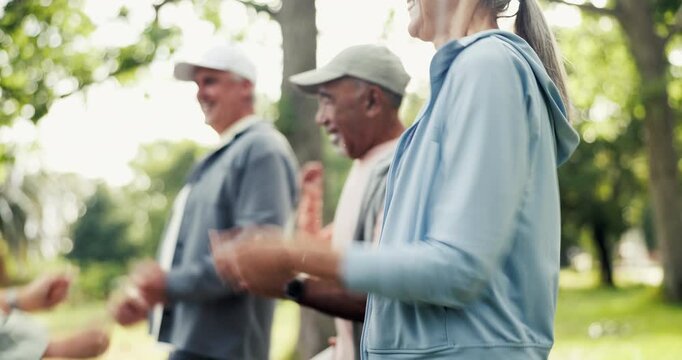 Old woman, hands and group exercise at park for functional fitness, warm up routine and cardio. Active retirement, senior people or happy with instructor outdoor for brisk walking or mobility workout
