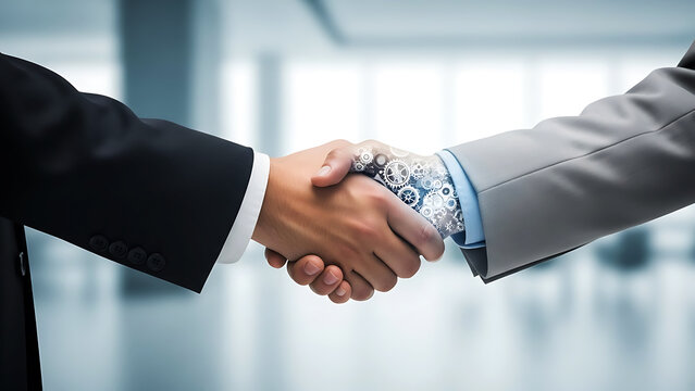 Futuristic Partnership: Human and Robot Mechanical Handshake, hidden agendas in business deals, automation replacing human interaction, and the mind games involved in corporate trust and artificial.