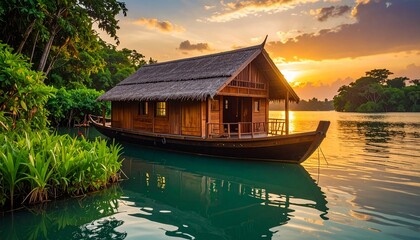 Obraz premium Traditional wooden houseboat anchored along emerald waterways, gentle ripples and glowing sky tones adding a dreamy, peaceful backwater mood