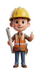 3D Cartoon Construction Worker Giving Thumbs Up with Blueprints.