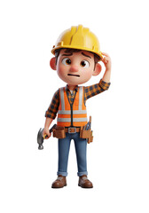 Confused 3D Construction Worker Character Thinking. Isolated PNG.