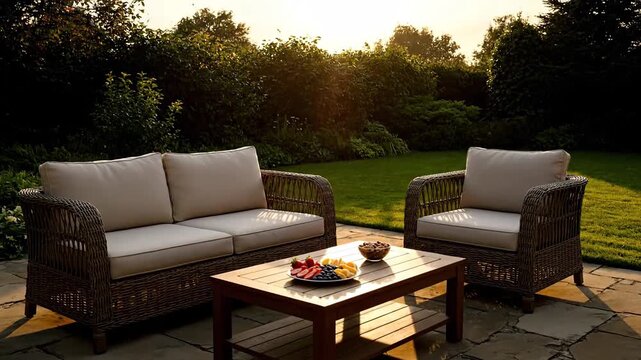 Outdoor patio furniture with sofa, chair, table, fruit and nuts in summer garden setting.