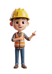 Cute 3D Cartoon Builder Character Pointing. Construction Worker Mascot.