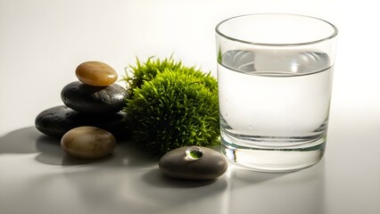 Glass of water with zen stones and green moss