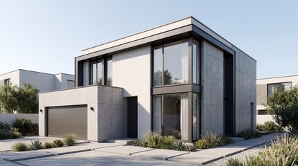 Cinematic Exterior View: Modern Minimalist Two-Story House - 45-Degree Right Angle