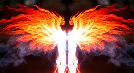Symmetrical vibrant fire wings on dark background, abstract concept and energy art representation,