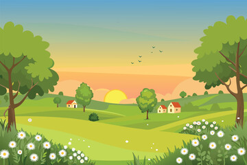A serene countryside landscape with rolling green hills and a vibrant sunset