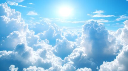 Digital illustration of bright blue sky filled with fluffy white clouds under a radiant sun.