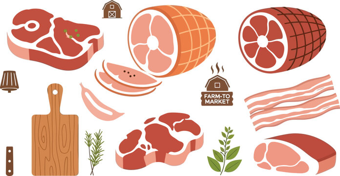 Assorted cuts of raw pork meat bacon and seasonings on transparent background