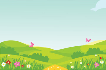 Fototapeta premium peaceful green rolling hills with wildflowers a butterfly and a bright blue