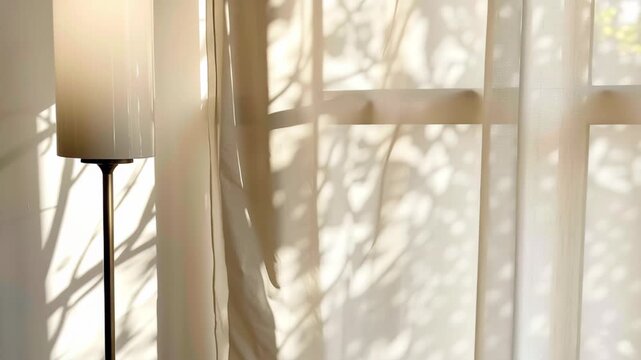 Room with white curtains swaying in gentle wind concept. Light filters through, creating soft shadows and a serene atmosphere.