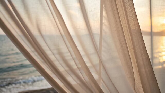 Room with white curtains swaying in gentle wind concept. The serene view of the ocean complements the calming atmosphere.