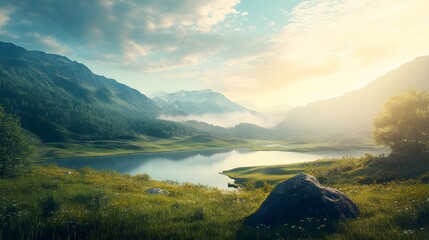 Digital illustration of a serene mountain valley with a reflective lake and misty peaks.