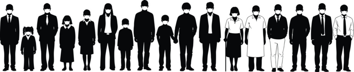 Diverse Group of People Wearing Face Masks Silhouette Vector Illustration, Social Distancing and Pandemic Health Protocol Concept, Crowd Protection During Virus Outbreak