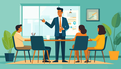 Vector illustration of a business meeting in a modern office setting with presentation board and potted plants