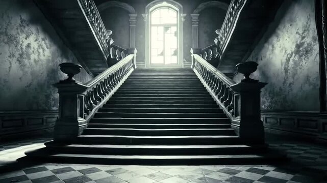 Dramatic staircase in old building with vintage architecture and light. Antique staircase with steps, balustrade and broken window.