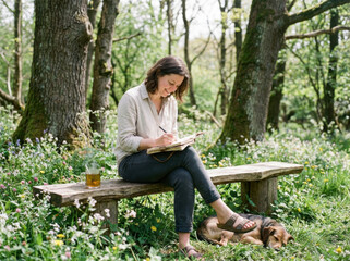 Fototapeta premium Woman sketching in notebook on wooden bench in wildflower forest with tea and sleeping dog