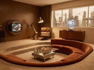 Retro futuristic living room with sunken circular sofa, vintage leather chair and curved wood paneling illuminated by warm lamp light while holographic galaxy and floating vehicles hover outside