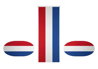 Dutch flag colors represented by vertical stripe and two circular emblems isolated on transparent background