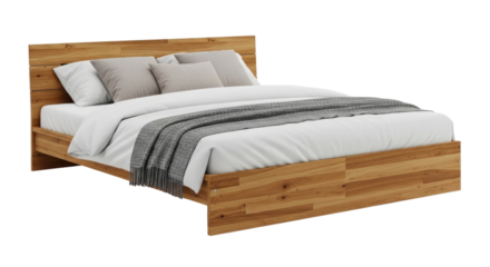 Wooden bed frame with pillows and blanket transparent background cutout png